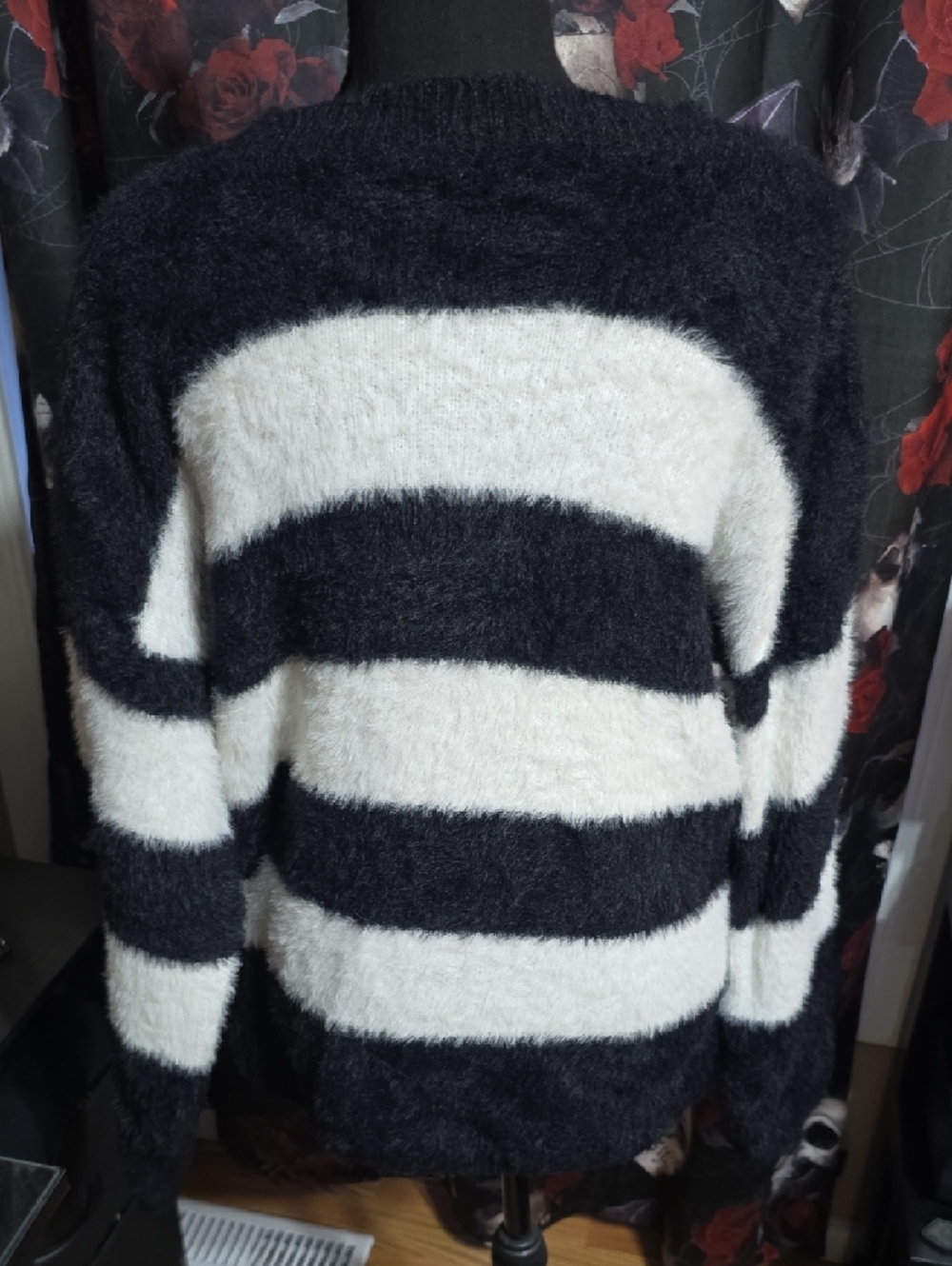 Striped Fuzzy Crewneck Sweater in Black and White - Picture 4 of 6